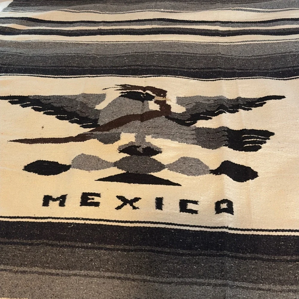 Vintage Mexican Serape Blanket Eagle Snake Mexico Black Grey Woven Throw 48x78